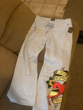 Ed Hardy Light Gray Sweatpants with Red & Yellow Tattoo Graphic